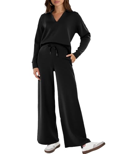 Glamaker Women's 2 Piece Sets Outfits Casual Long Sleeve Sweatsuits Polo Top and Wide Leg Pants Matching Sets