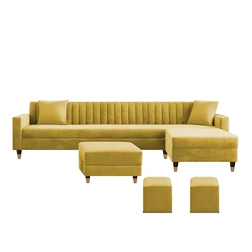 Image of Casaliving Garcia RHS 8 Seater L Shape Sofa Set with Ottoman & 2 Puffy for Living Room (Yellow Colour) Premium Fabric Sofa Set