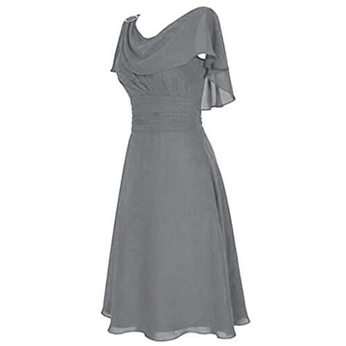 Vestido de cóctel para mujer, elegante, cuello redondo, volantes, sin mangas, hombros descubiertos, vestido corto con superposición de gasa, vestido de noche acampanado para invitados de boda, gris, M
