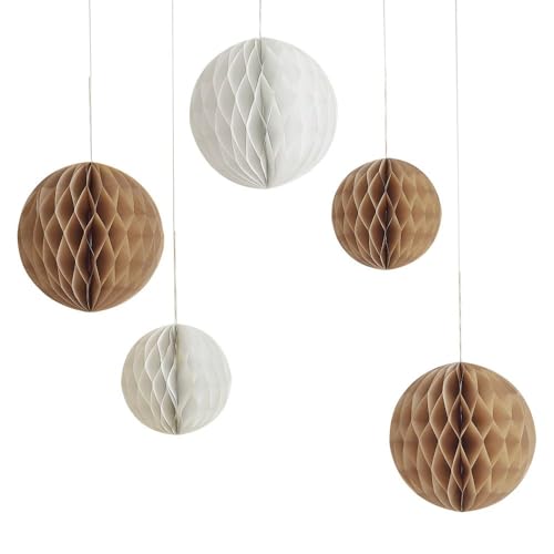 Ginger Ray Neutral Ivory and Light Brown Hanging Honeycombs Baby Shower Decoration 5 Pack