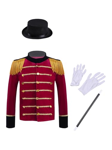 ranrann Déguisement Monsieur Loyal Enfant Garçon Ensemble Costume Dompteur Directeur Cirque Blazer Cirque Ringmaster Carnaval Halloween Rouge 7-8 ans