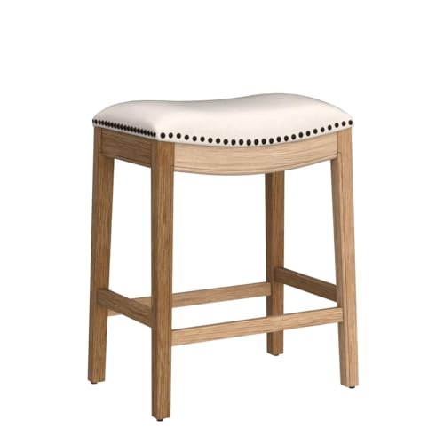 Image of Maven Lane Adrien Backless Counter Stool - Set of 3 - 26 Inches - Saddle Stool with Footrest - Natural Solid Wood Frame & Light Grey Fabric Upholstery - Perfect for Kitchen Islands & Counters