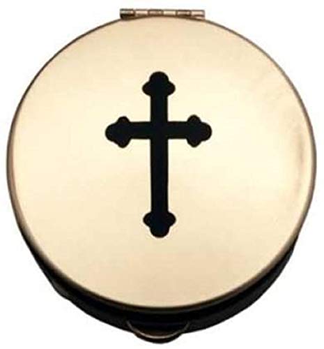 Pyx With Black Cross (PS161) - 1 1/2" Diameter, 1/2" Deep, Polished Brass, Holds 6-9 Hosts