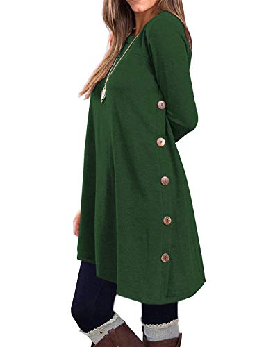 KORSIS Women's Long Sleeve Round Neck Button Side T Shirts Tunic Dress Deep Green L