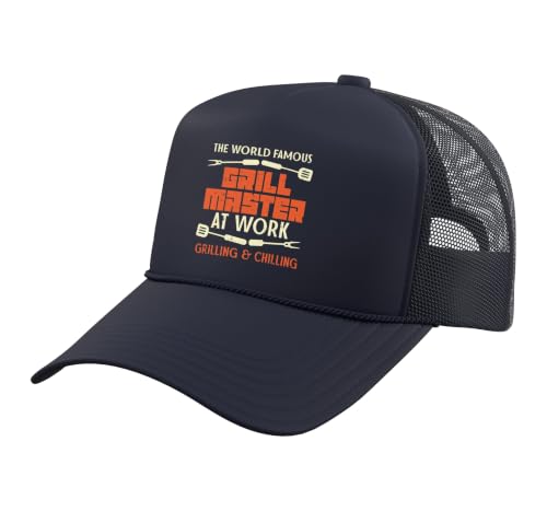 Grill Master At Work Grilling Chilling Funny BBQ Pitmaster Trucker Hat with Adjustable Mesh Back, Navy Blue