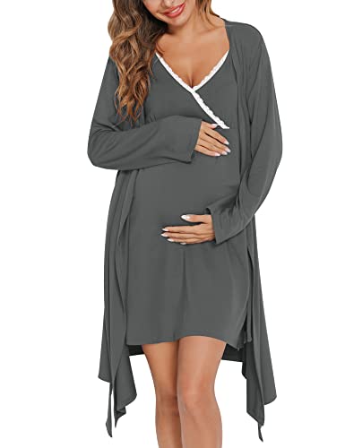 Image of SWOMOG Womens Maternity Robe 2 Piece Nursing Nightgown for Breastfeeding 3 in 1 Labor Delivery Nursing Dress Lace Bathrobe