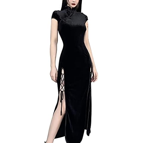 BooW Women's Gothic Velvet Cheongsam Maxi Dress Sexy High Slit Chinese Mandarin Collar Slim Fit Long Dress (475-Black, Large) Cover