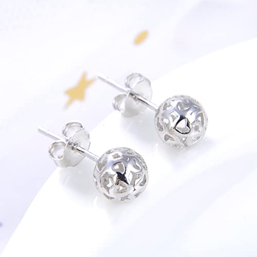 Bohemian - Women's 925 Sterling Silver Earrings - 7mm Hollow Pattern Ball Pendant - Silver Stud Earrings - 24k Gold - Fine Jewelry - Birthday Gift4