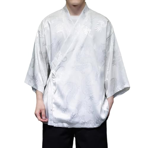 HZCX FASHION Cardigan Kimono for Men Black Silk Satin Robe Mens Lightweight Traditional Hanfu Silky Chinese Dragon Shirt