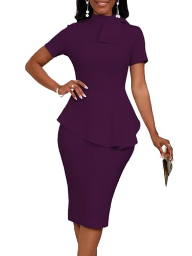 Image of WanMem Women Formal Bodycon Peplum Cocktail Dress Short Sleeve Bow Ruffle Pencil Party Midi Dresses