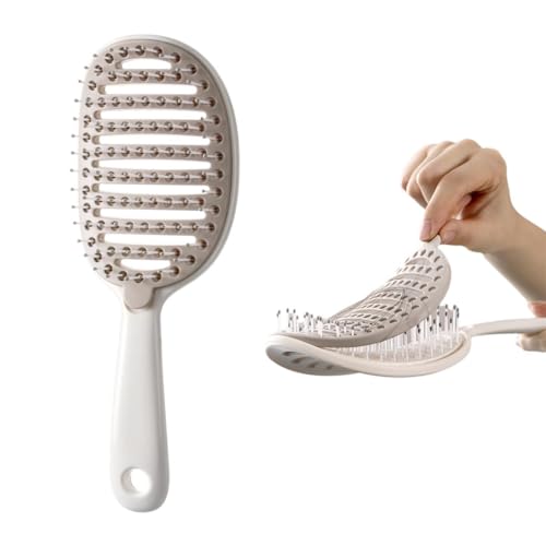 Self Cleaning Hair Brush Easy Clean Detangling Brush Curved Vented Detangler Brush for Faster Blow Drying for Women Men Kids Wet & Dry Hair (White)