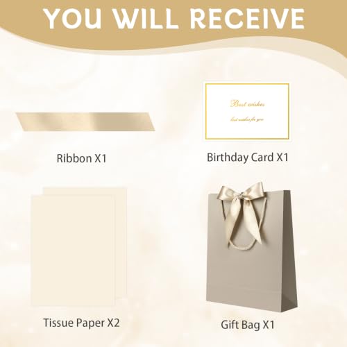 Image of JMANNI Gift Bag, 1PCS Bags with Ribbon and 1 Greeting Cards 2 Tissue Paper, Portable Paper Gift Bag with Handles, Present Bags for Birthday Wedding Party Graduation Mothers Day Fathers Day(Champagne)