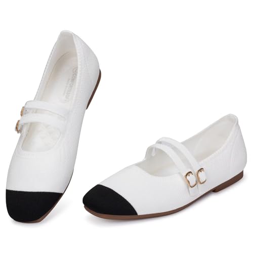 Image of Frank Mully Women's Flats Square Toe Mary Jane Shoes Ballet Flats with Strap Comfortable Slip On Knit Shoes Dressy Casual