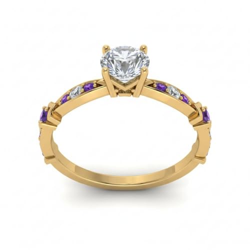 Image of Choose Your Gemstone Petite Pave Diamond CZ Engagement Ring Yellow Gold Plated Round Shape Petite Engagement Rings Minimal Modern Design Birthday Gift Wedding Gift US Size 4 to 12
