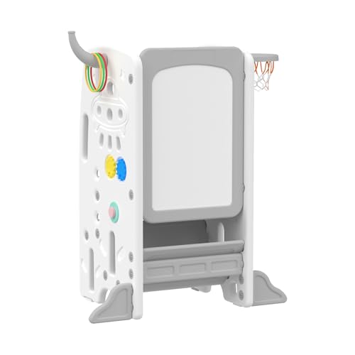 Gupamiga Torre Montessoriana per Bambini, Antiribaltamento, Regolabile in Altezza, Gradini Antiscivolo, con Funzioni di Intrattenimento come Pittura o Pallacanestro （Bianco）SST- 04