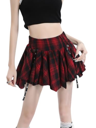 Pleated Skirts for Women Plaid Skirt Punk Goth Y2k Emo Skirt High Waisted A-line Flare Mini Skirts Red2
