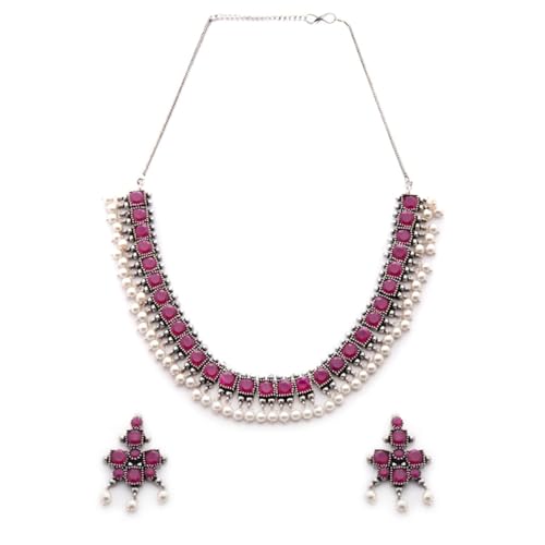 Rubans Oxidised Silver Toned Faux Ruby Studded Pearl Necklace Set For Women (B0D6RXS77H) Amazon Price History, Amazon Price Tracker