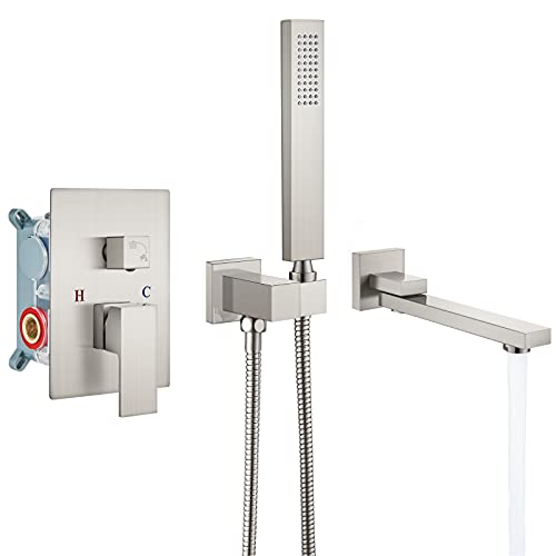 gotonovo Brushed Nickel Wall Mount Bathtub Faucet with Hand Held Sprayer and Swivel Tub Filler Dual Functions Single Handle Bathroom Shower System Mixer For Tub Rough-In Valve Included