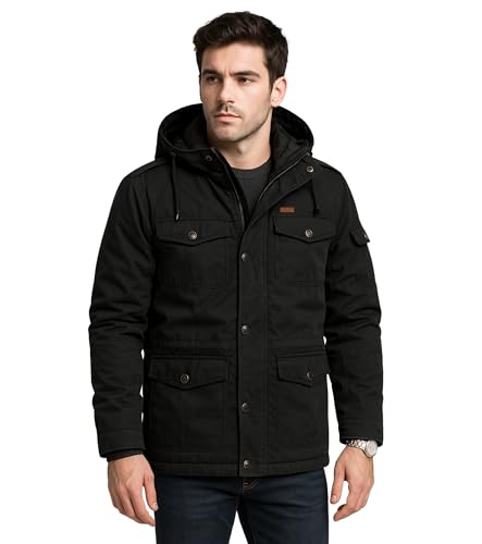 Image of L'MONTE Men's Heavy-Duty Winter Jacket - Cotton Outdoor Coat with Fleece Lining, Detachable Hood, and Multi-Pockets - Warm, Windproof & Stylish for Cold Weather