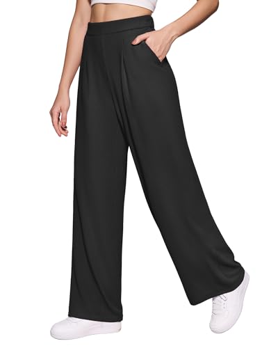 MANGOPOP Wide Leg Pants Woman High Waisted Stretchy Work Pants Waffle Knit Slacks...