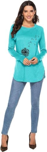 Teesho Damen Longshirt Langarm Elegant Oberteile Löwenzahn Baumwolle Shirt Casual Tops Tunika – Bild 5