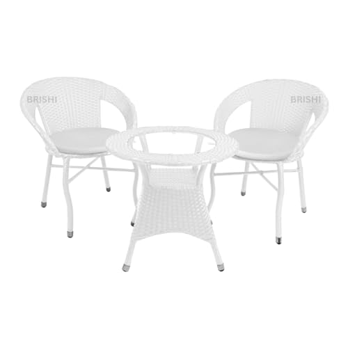 Image of BRISHI 3-Piece Outdoor Rattan Wicker Patio Coffee Table Set with White Cushion | Garden Furniture for Balcony, Terrace, Poolside & Porch | Waterproof Bistro Sets for Home & Backyard (White)