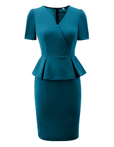 Bbonlinedress Women Peacock Blue Pencil Dress Peplum Short Profeesional Dress for Work Business Office,Peacock Blue S2