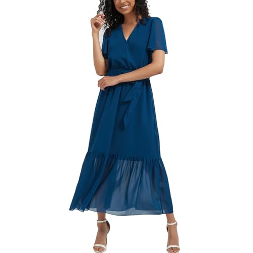 Image of Women's Summer Bohemian Floral Chiffon Dress Cap Sleeve V Neck Ruffle Long Flowy Boho Casual Vacation Dresses