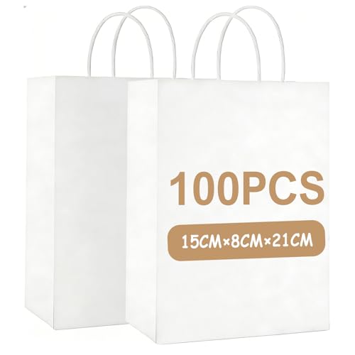 Gaoyong 100 Bolsas Blancas de Papel Blancas15x8x21cm Bolsas de Papel con Asas,Bolsas Pequeñas para Detalles para Navidad, Celebraciones, Cumpleaños, Bodas y Día de Acción de Gracias (130GSM)