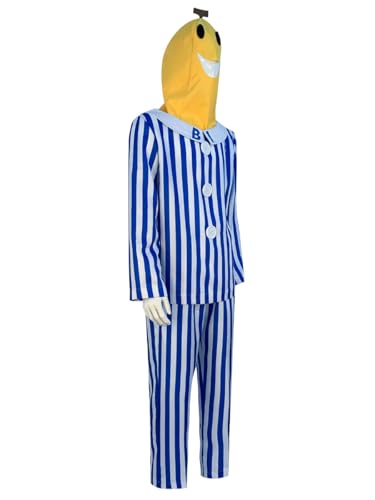 WYZCHH Halloween Banana Costume with Blue Striped Pyjamas Set, Yellow Head Mask with Smile Design