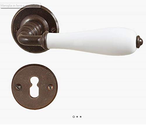 Maniglia in ferro e porcellana antichizzata,"MADE IN ITALY" colore ruggine completa di bocchetta e rosetta foro normale per porte interne quadro maniglia mm.8