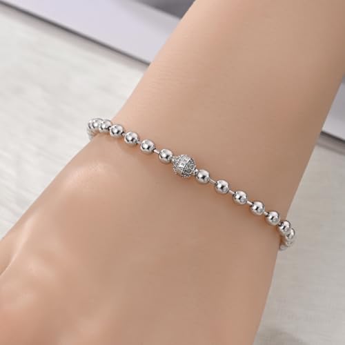 925 Sterling Silver Beaded Ball Bangle Love Lucky Bracelets for Women - Square Letter/Shiny Silver Ball Strand Jewelry | Elegant Daily Wear3