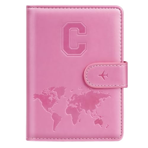 Passport Holder Cover Initail Letter A-Z Travel Wallet Embossed Design RFID Blocking Card Holder Personalized Gift Passport Cover Wallet Passport Book Holders for Women and Girls Pink-C