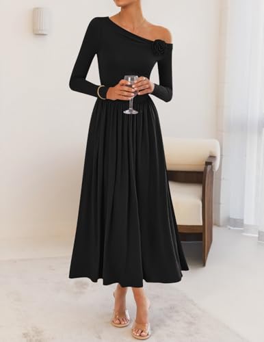 ZESICA Women's 2025 Fall Long Sleeve Off Shoulder Maxi Dress Pleated Elegant Formal Wedding Guest Dresses with Pockets2
