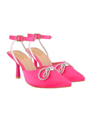Image of Women's Satin High Heel Sandals Pointed Toe Party Heels with Rhinestone Bow & Ankle Strap - Elegant Stilettos for Weddings & Events