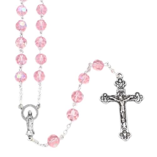 Pink Aurora Borealis Crystal Rosary for Women Immaculate Conception of Mary