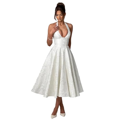 Women's Elegant Floral Jacquard Satin Prom Dresses Halter Backless Pleated A-Line Corset Party Gowns Dresses