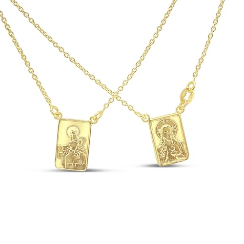 FRONAY 14k Gold Plated 925 Sterling Silver Double-Sided Scapular Necklace – Religious Escapulario Pendant Fine Jewelry, Made in Italy