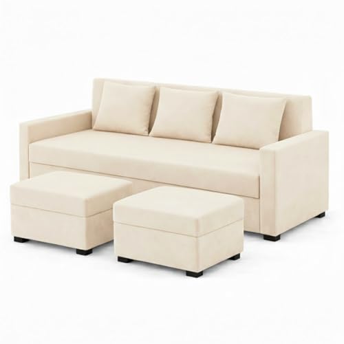 Image of FURNY Lily 3 Seater Fabric Sofa Set with 2 Ottomans (Cream) with Velvet Finish | Durable Comfort | Ideal for Living Room