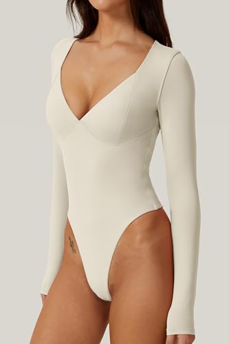 Image of QINSEN Women's Long Sleeve Bodysuit V Neck Body Suits Seamed Cup Going Out Tops Shirt