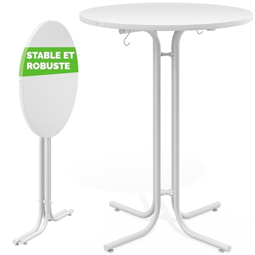 Casaria® Table de Bar Blanche Ronde Ø70 cm Pliable Haute de 110 cm Plateau de Table en MDF Mange Debout Table d'appoint