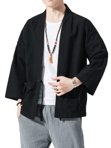 Image of Men's Japanese Kimono Cardigan Loose Cotton Linen 3 /4 Sleeve Open Front Casual Summer Shirt Jackets