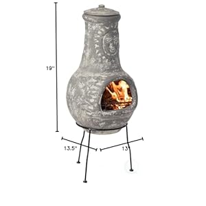 Outdoor Clay Chiminea Fireplace Sun Design Wood Burning Fire Pit with Sturdy Metal Stand Barbecue Cocktail Party Cozy Nights Fire Pit Stone Grey