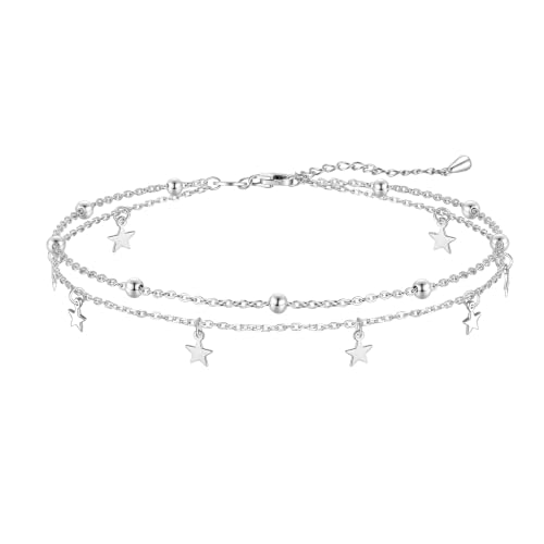 Image of CHIC & ARTSY 925 Sterling Silver Ankle Bracelets for Women, Dainty Adjustable Layered Foot Chains with Symbolic Charms, Boho Beach Everyday Lightweight Jewelry