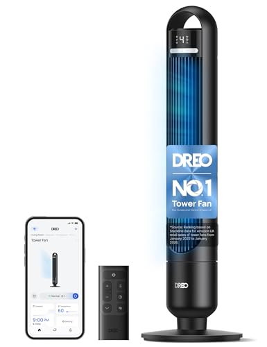 DREO Smart Tower Fan for Bedroom& Home 26ft/s Powerful Airflow 33ft Coverage 1-12H Timer 4 Speeds 3 Modes 28dB Bladeless Fan with App & Voice Control 90 Oscillating Cooling Fan LED Display