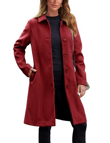 UANEO Damen-Trenchcoat aus Kunstwolle, einreihig, lang, Pfauenmantel, Wintermantel, Rot/Ausflug, einfarbig (Getaway Solids), M