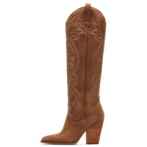 WIRALOMI Cowgirl Boots for Women with Embroidered Chunky Block Heel, Wide Calf Knee High Boots with Pointed Toe and, Faux Suede Leather