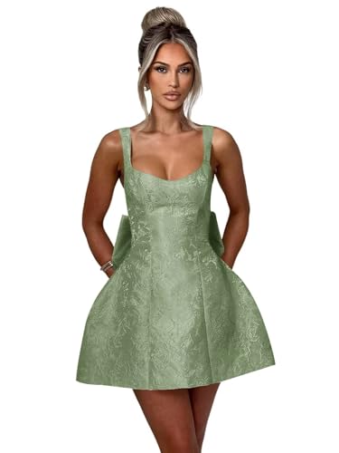 Image of Satin Short Homecoming Dresses for Teens 2025 Bow Sage Green V Neck Mini Backless A Line Tight Graduation Cocktail Prom Party Gown for Juniors US6