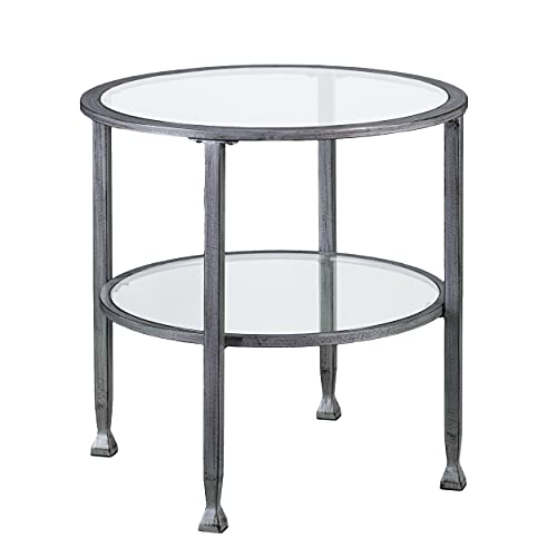 SEI Furniture Jaymes Metal & Glass Round 2-Tier End Table, Silver/Black Distressing