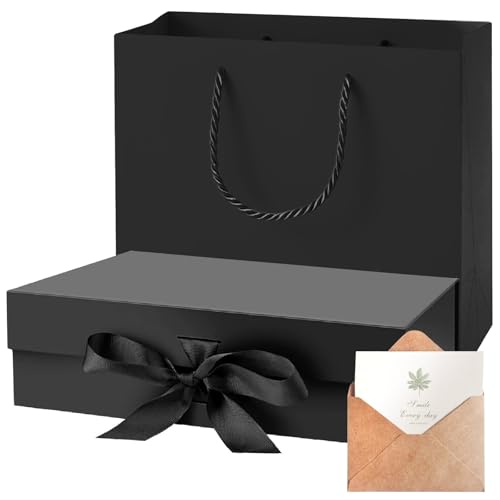 THMINS Black Gift Box Empty 26x19x8 cm Cardboard Empty Large Gift Box for Women Surprise Gift Card Boxes with Ribbons Foldable for Christmas Valentines Wedding(black 27x19x8 CM)